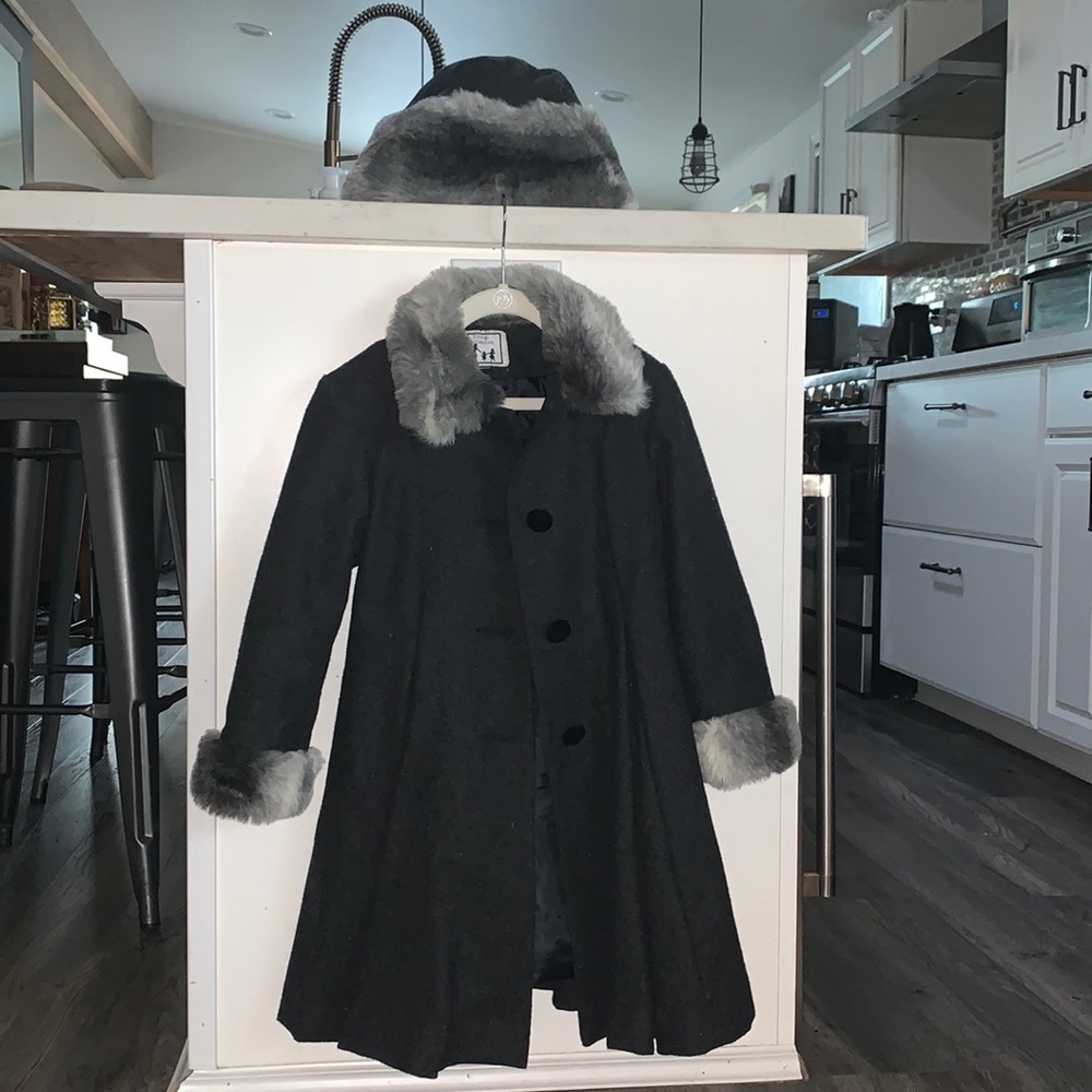 Girls long Pea Coat Grey w/ matching Brim Hat